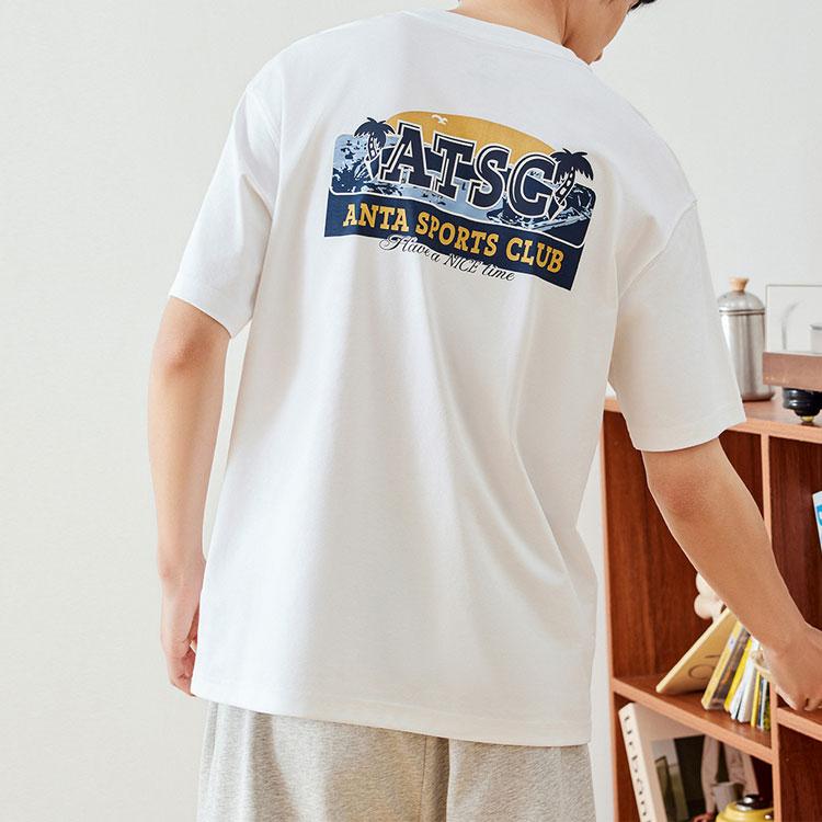 Anta Lifestyle Series Letter Print Round Neck Loose Short Sleeve Drop Shoulder T-Shirt Men T-Shirts Snow-White 152428148-1