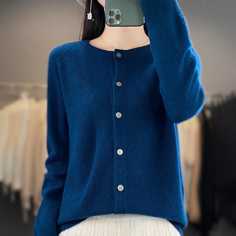 Women's Osmanthus Stitch Wool Cardigan - Round Neck, Loose Fit, Button-Up, Casual Knitwear Outerwear