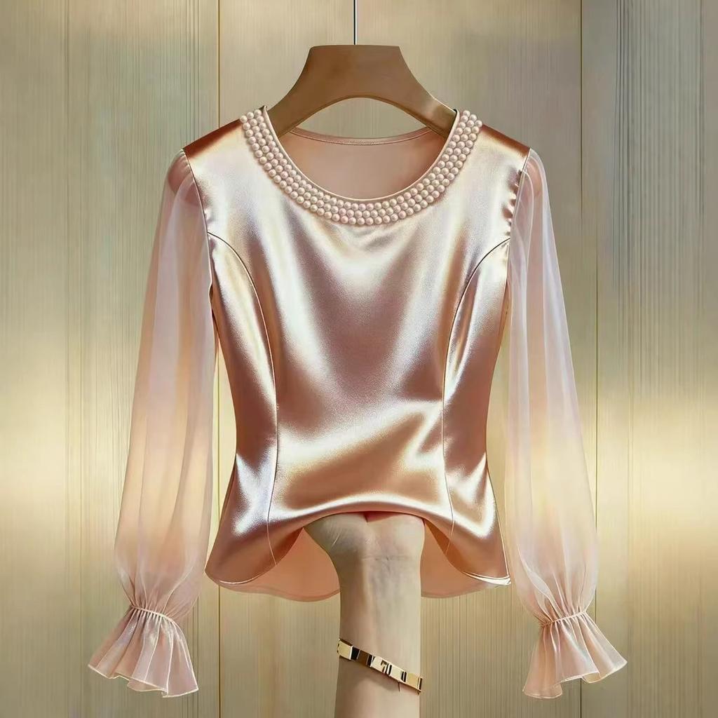 Spring Autumn Women's Round Neck Blouse High-end Pearl Satin Shirt Top