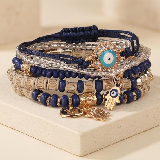 6Pcs/Set Women Bracelet Bohemia Style Elastic Rope Beads Bracelet with Palm Charm Adjustable Length Multi-layer Stackable Bracelets