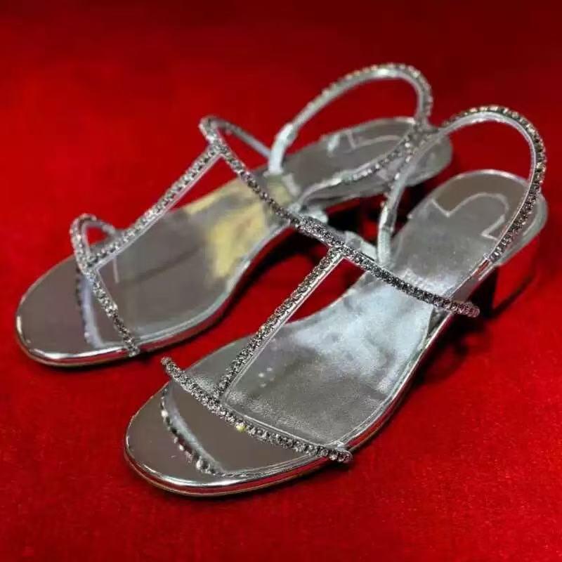 Fashion Silver Rhinestone Narrow Band Heeled Sandals Women Sexy Open Toe Chunky Designer Shoes Elegant Party Dress Shoes Sandalias Mujer