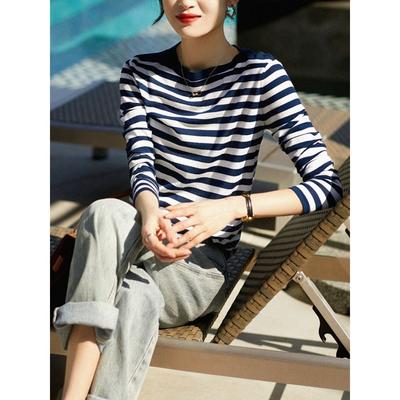 Temperament Versatile Contrasting Blue White Striped Sweater Women's Clothing Spring Autumn New Loose Round Neck Top