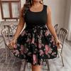 Women's Plus Size Sleeveless Color Block Printed Dress with Waist Tie for Casual Summer Wear