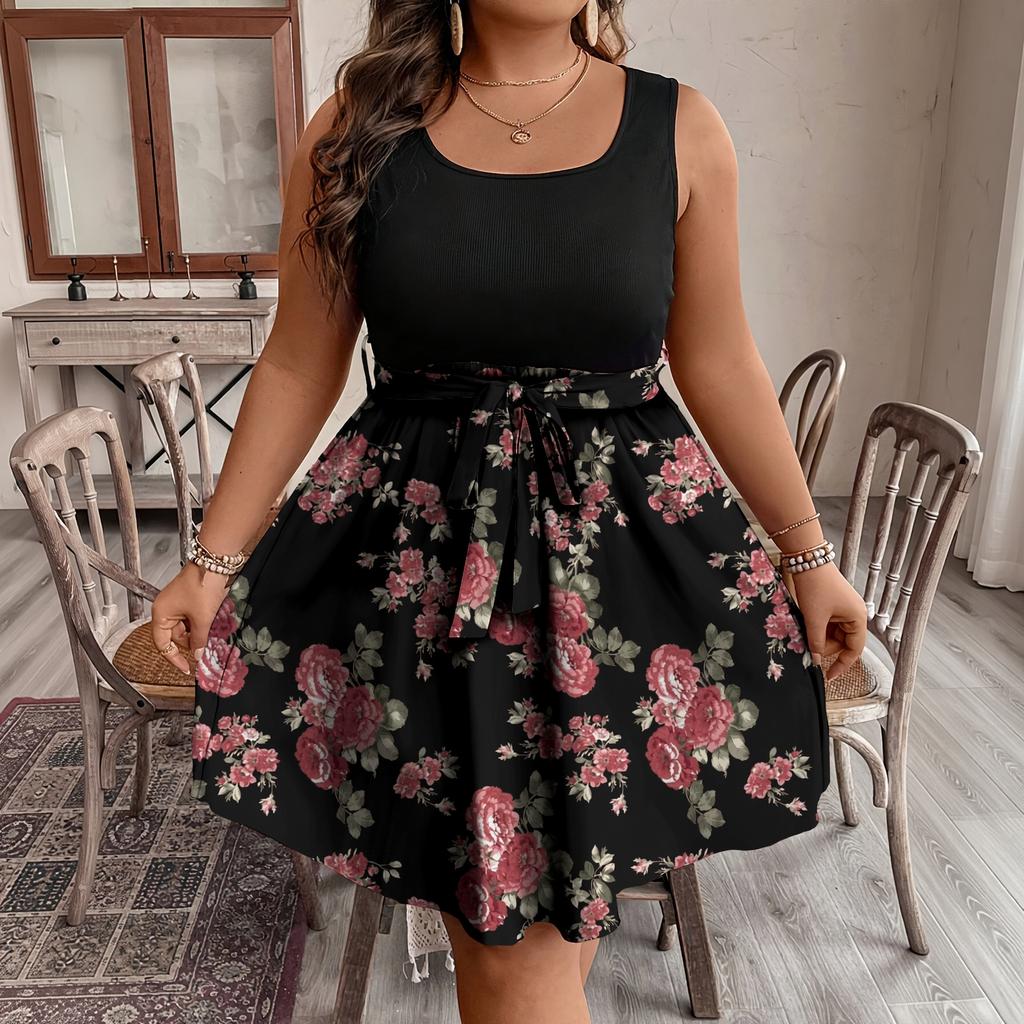 Women's Plus Size Sleeveless Color Block Printed Dress with Waist Tie for Casual Summer Wear