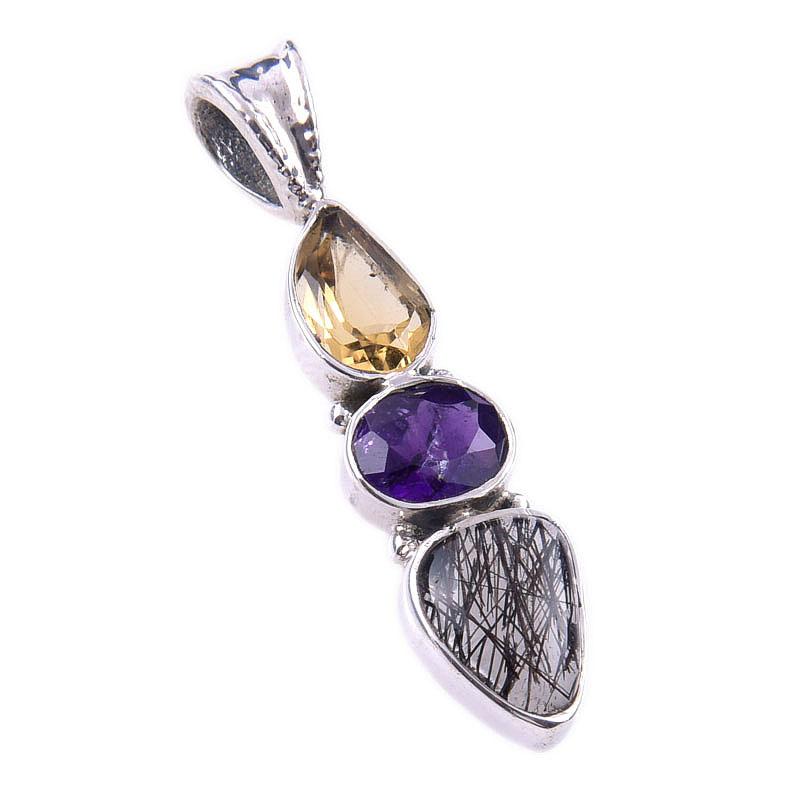 Natural Black Rutile,Amethyst 925 Solid Sterling Silver Gift Pendant 1.50" K2F60