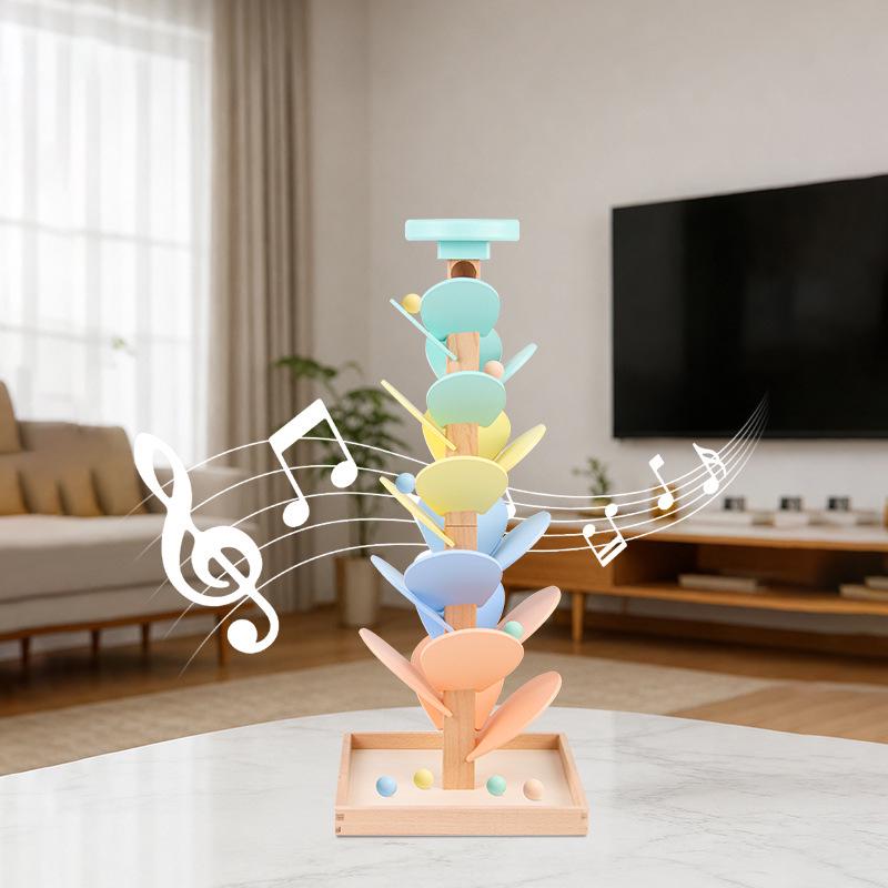 Macaron-Colored Beech Wood Music Tree: Montessori Sensory Roller Ball Toy for Early Learning