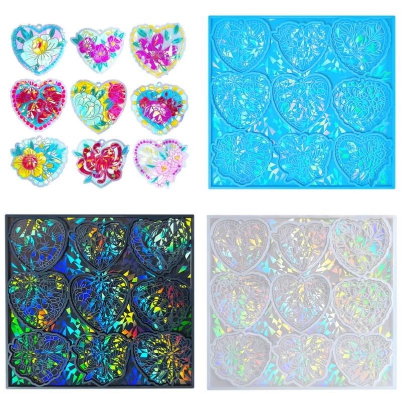 Holographic Heart Mold Silicone Jewelry Pendant Resin Mold Sparkling Flower Epoxy Mold Earring Charm Mold DIY Craft