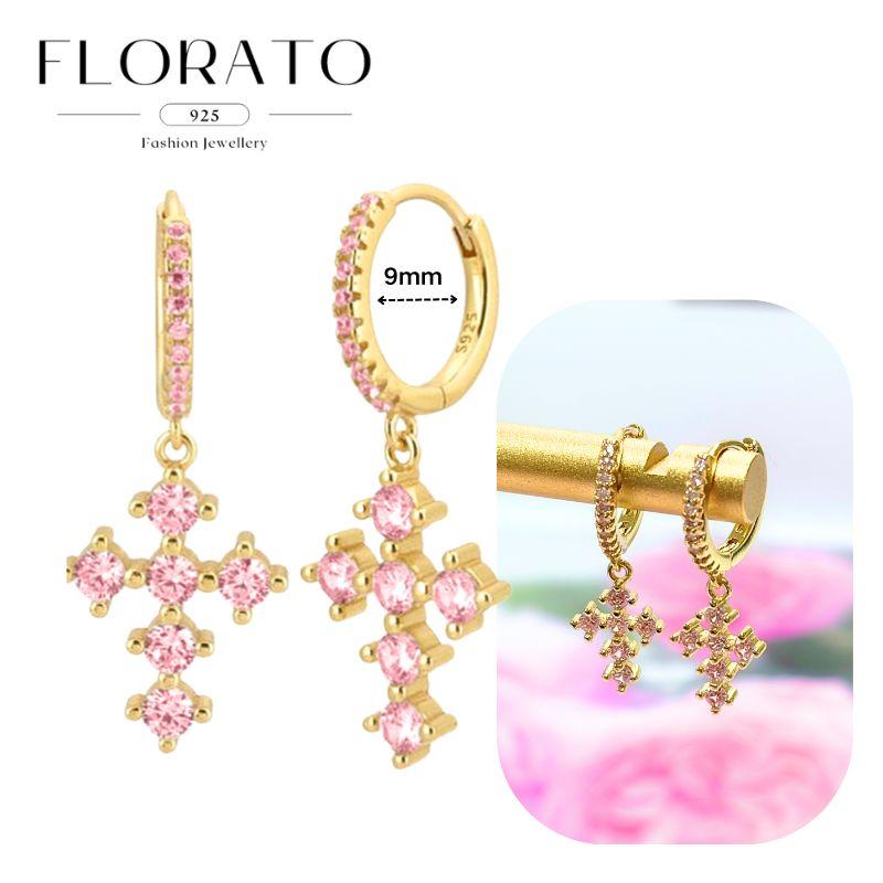 Luxurious Geometry 925 Silver Ear Needle Pink Series Zircon Pendant Hoop Earrings Sweet Fashion Wedding Jewelry Gifts