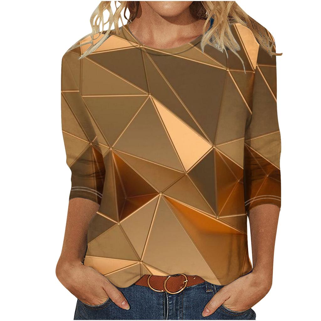 Round Neck 3D Printed Geometric Diamond Pattern Top Fashionable Casual Long Sleeved Women's T-shirts