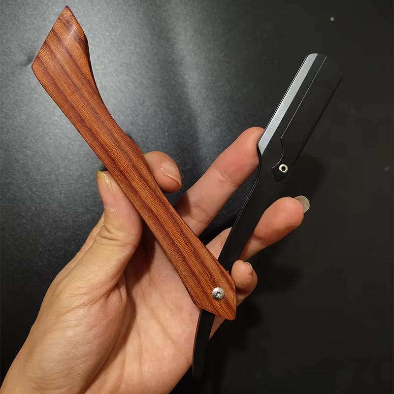 Tan Wood Handle Shaving Razor Professional Barber Shaver with Replaceable Blades Mens Eyebrow Razor Gift