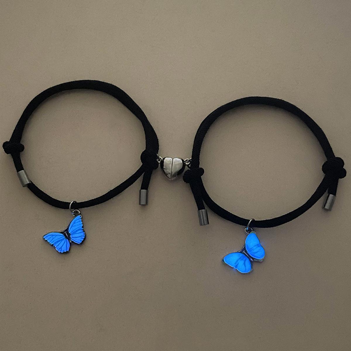2026 Magnetic Blue Butterfly Couple Bracelets for Women Men Cute Adjustable Rope Matching Vow Bangles Valentine Jewelry Gift