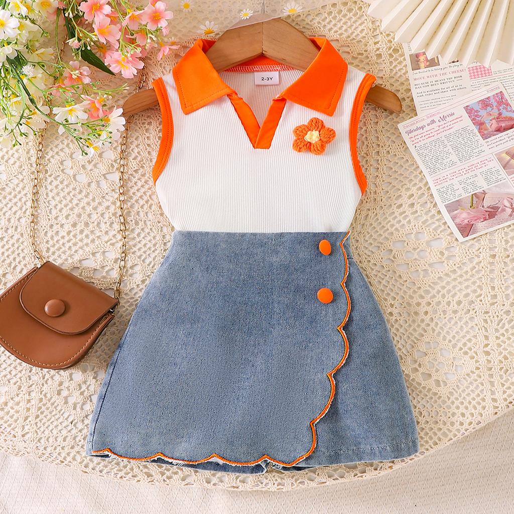 Girls Fashion Set Summer Kids Casual Sleeveless Flower Vest Lace Denim Shorts Set