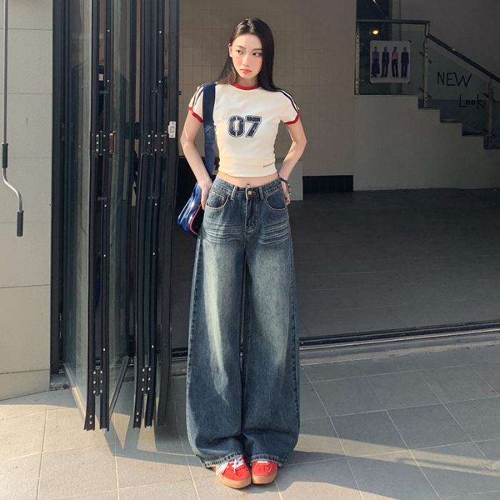 Retro Wide-leg Jeans for Women Spring High Waist Straight Loose Retro Blue Floor Pants for Women Spring Wide-leg Jeans for Women Spring
