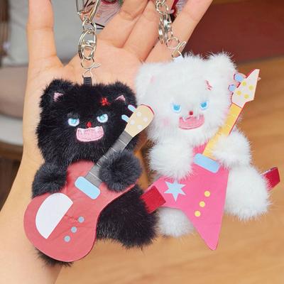 Electric Guitar Cat Keychain Plush Rock Star Cat Plush Pendant Soft Stuffed Cat Keyring Cute Bag Charm for Teens & Cat Lovers