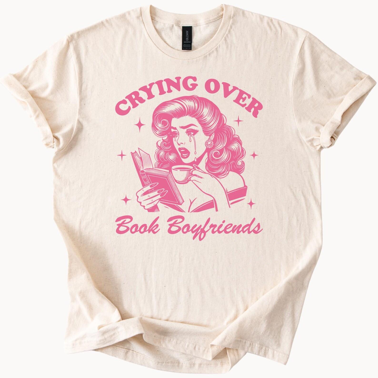Crying Over Book Boyfriends Graphic T Shirt Retro Reading Girl Drinking Coffee Cute Book Lover Gift for Readers Literary Tee 150