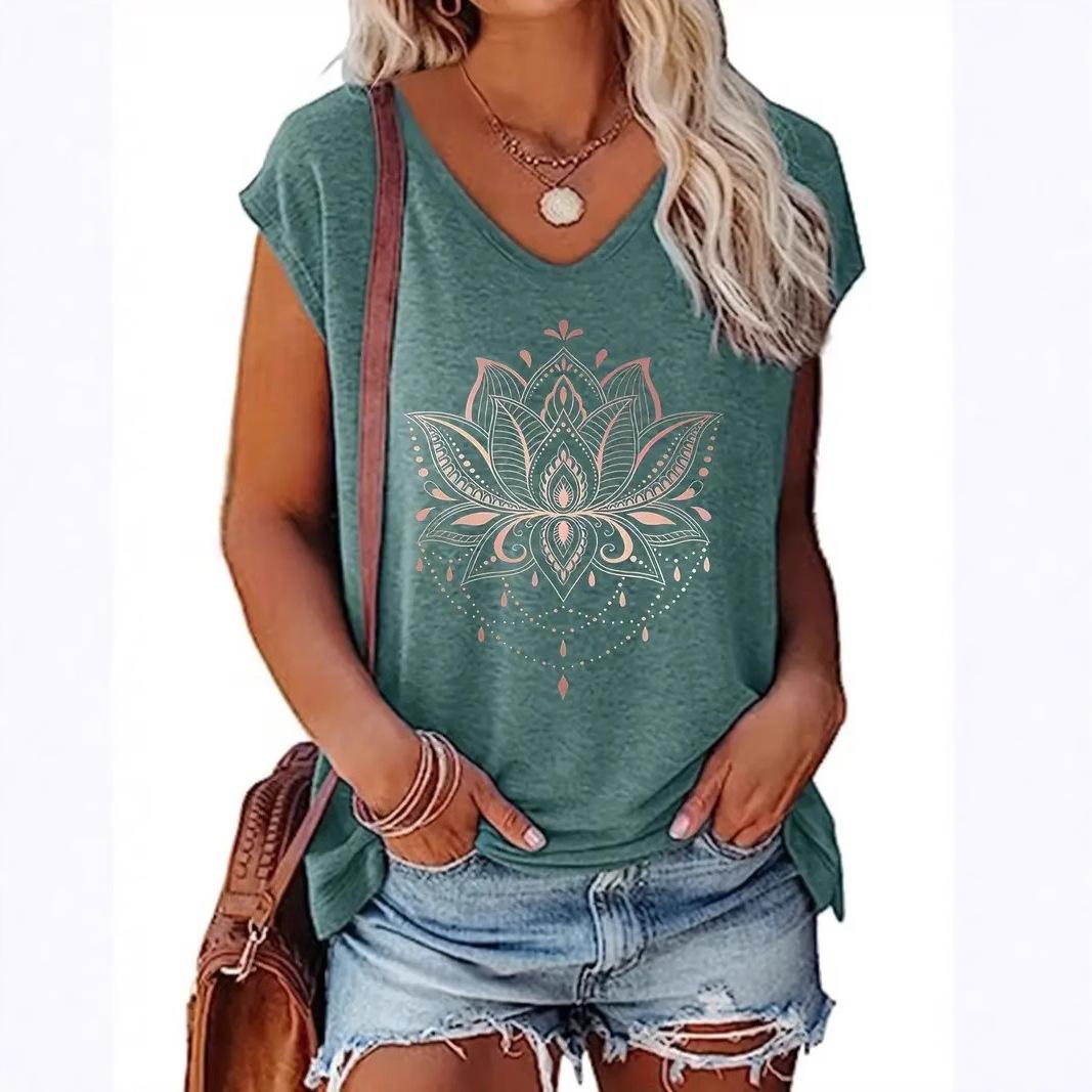 

Летний топ с V-образным вырезом и принтом 3D-паттерна в виде цветка лотоса, модная повседневная женская футболка с коротким рукавом L зелёный