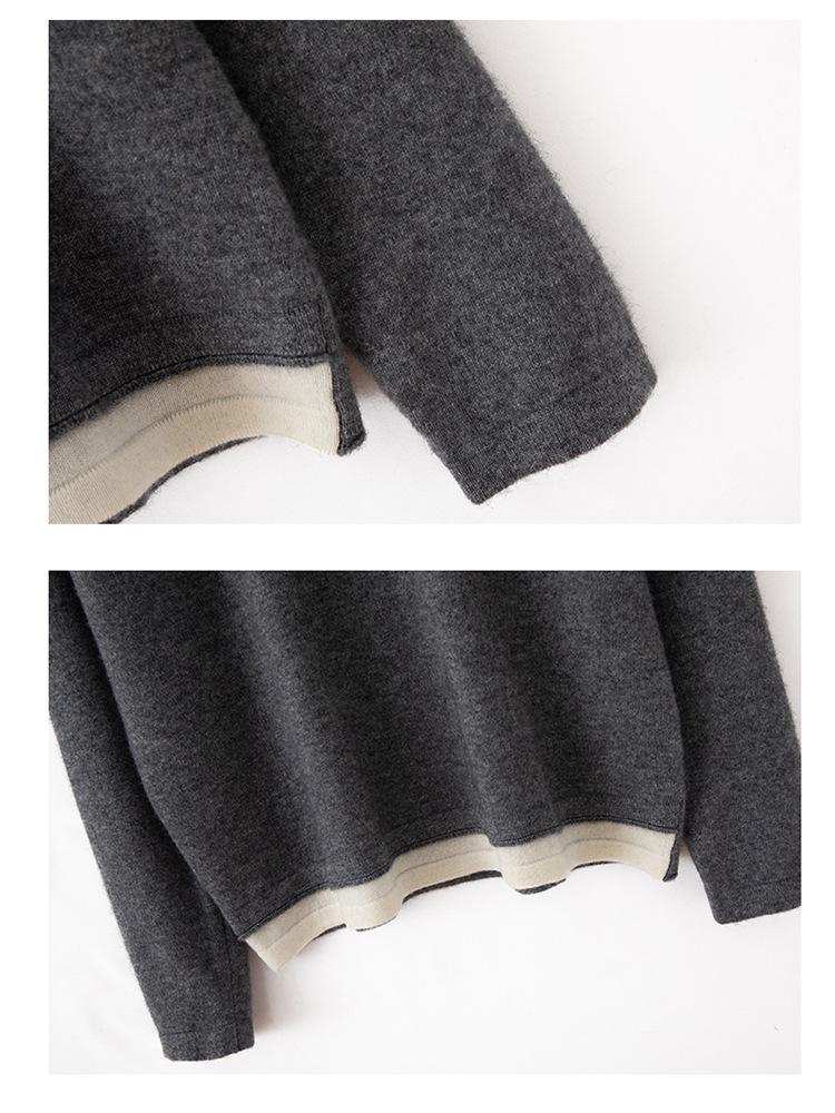 Women's Versatile Autumn V-Neck Color Block Cashmere Knit Sweater - Faux Two-Piece Loose Top