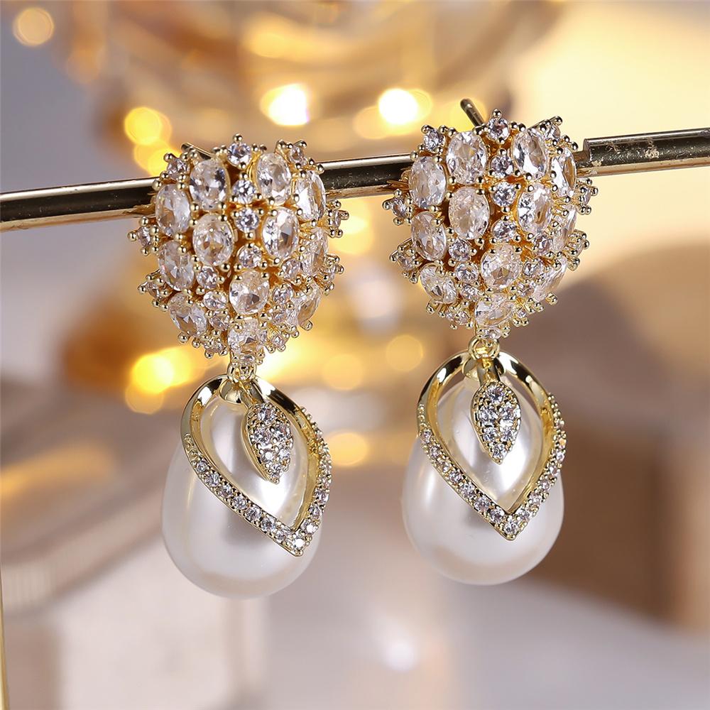 Luxury Female Small White Zircon Pearl Stone Stud Earrings Vintage Gold Color Wedding Party Gift  For Women