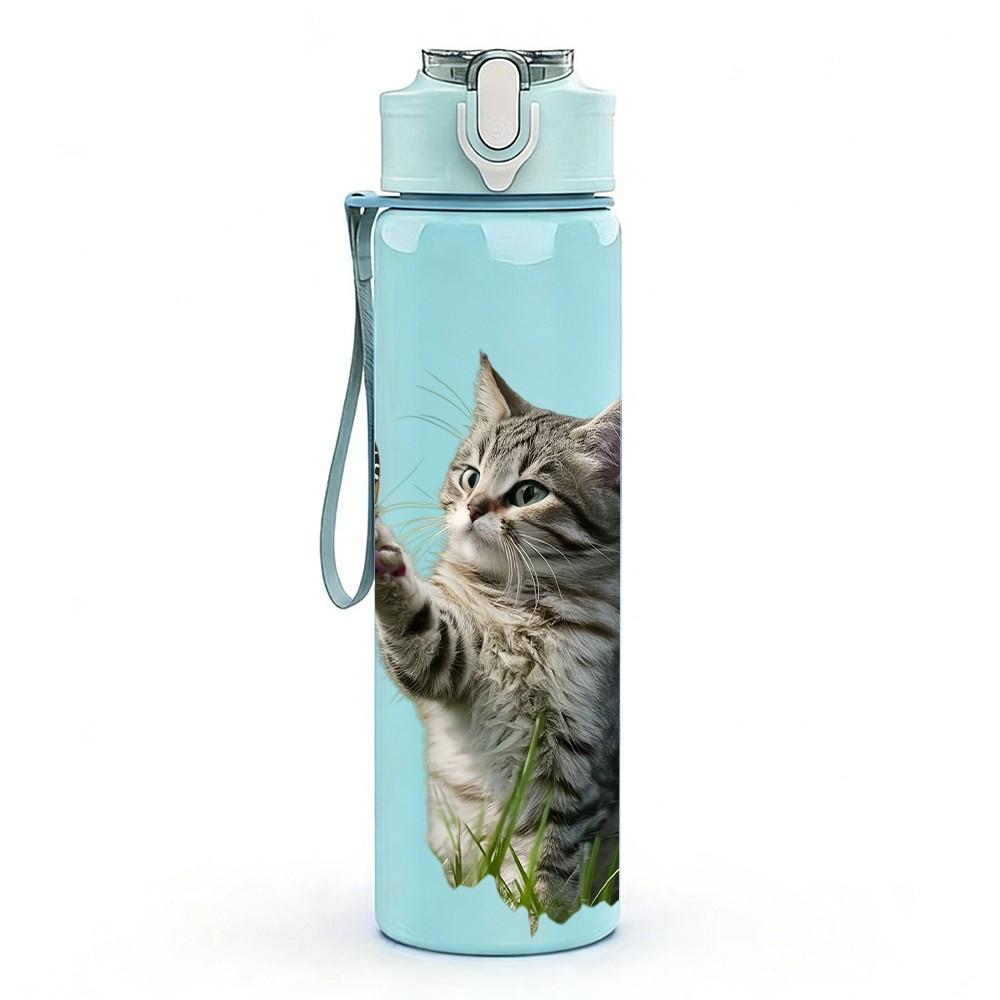 1PC Grey Tabby Kitten Cat Animal Print 750ml Color Plastic Sports Water Bottle Leakproof Flip Straw Lid Suitable for Sports Office Home Use