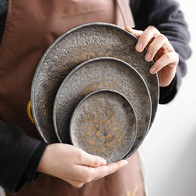 Stoneware Hammer Pattern Shallow Plate El Round Western Food Steak Plate Tableware Snack Salad Fruit Sushi Plate Tableware