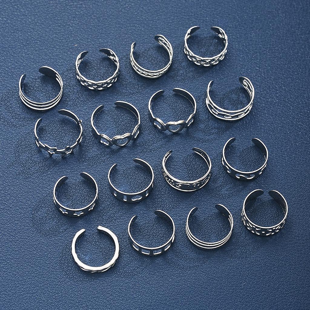 16Pcs/Set Creative Adjustable Toe Rings for Women Simple Silver Color Hollow Out Heart Star Foot Rings Set Fashion Jewelry Gifts