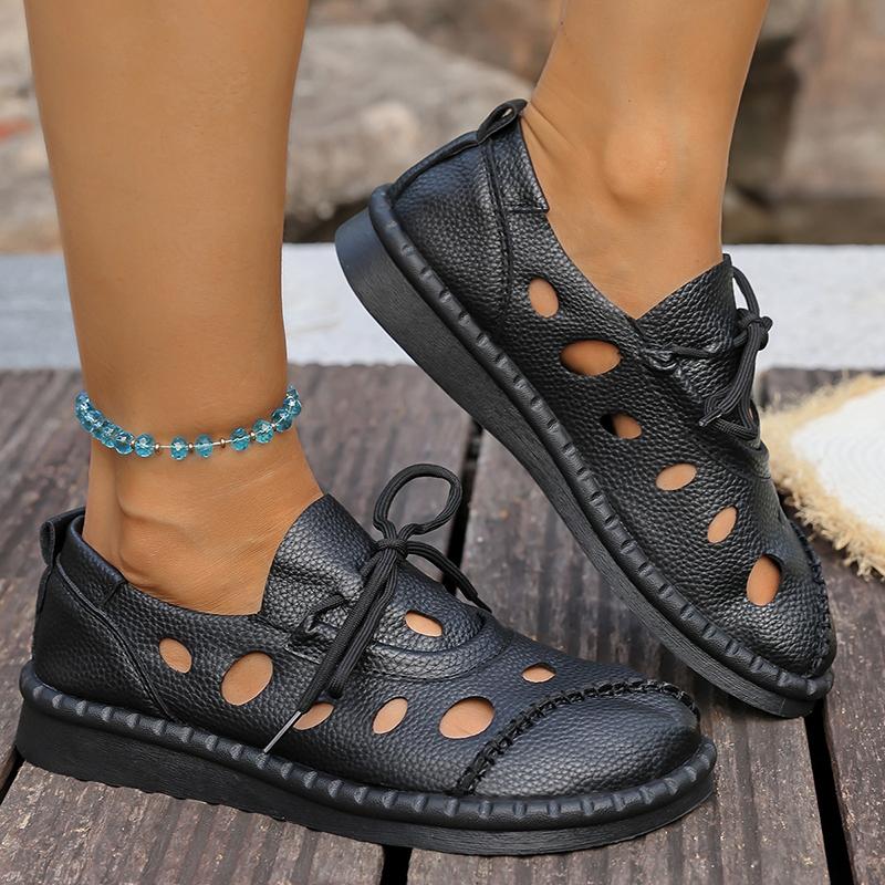 Fashion Hollow Out Pu Leather Flats for Women Summer Comfort Breathable Lace Up Sneakers Woman Soft Sole Non Slip Platform Walking Shoes