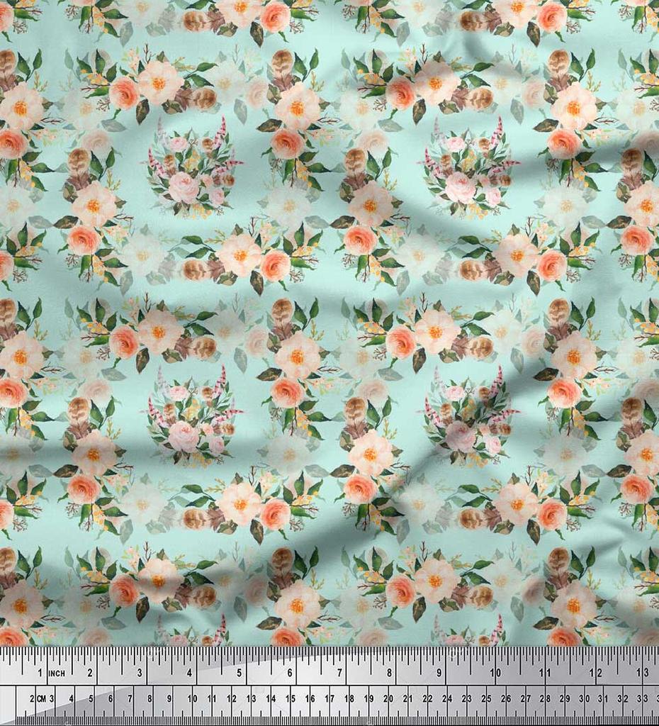 Soimoi Blue Poly Crepe Fabric Begonia & Peony Floral Print Fabric by the Yard 42 Inch