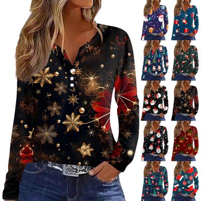 Women's T Shirt Tee Christmas Print Button Long Sleeve Daily Weekend Fashion Basic V- Neck Regular Top