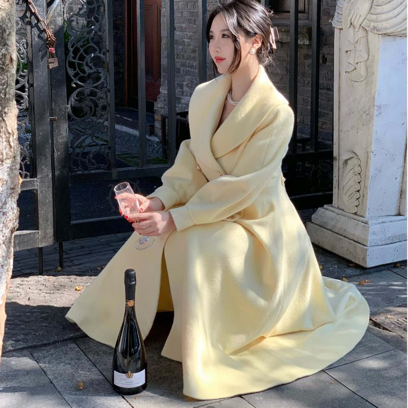 New French Retro Small Fragrance Style Large Lapel Woolen Coat Lantern Sleeve Long Sleeve Double-breasted Coat