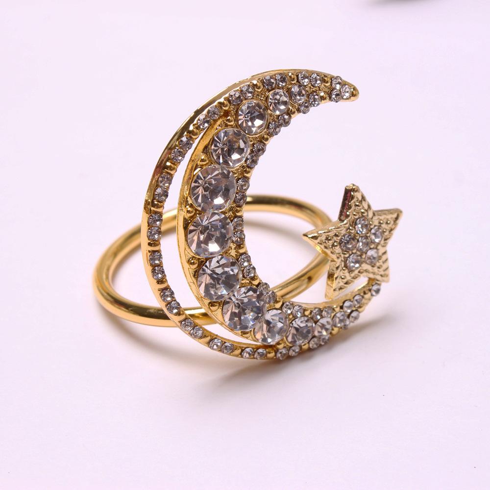 1-30PCS Ramadan Napkin Ring Set Gold Star Moon Design Alloy Crystal Metal Hollow For Holiday Tableware Durable Holder