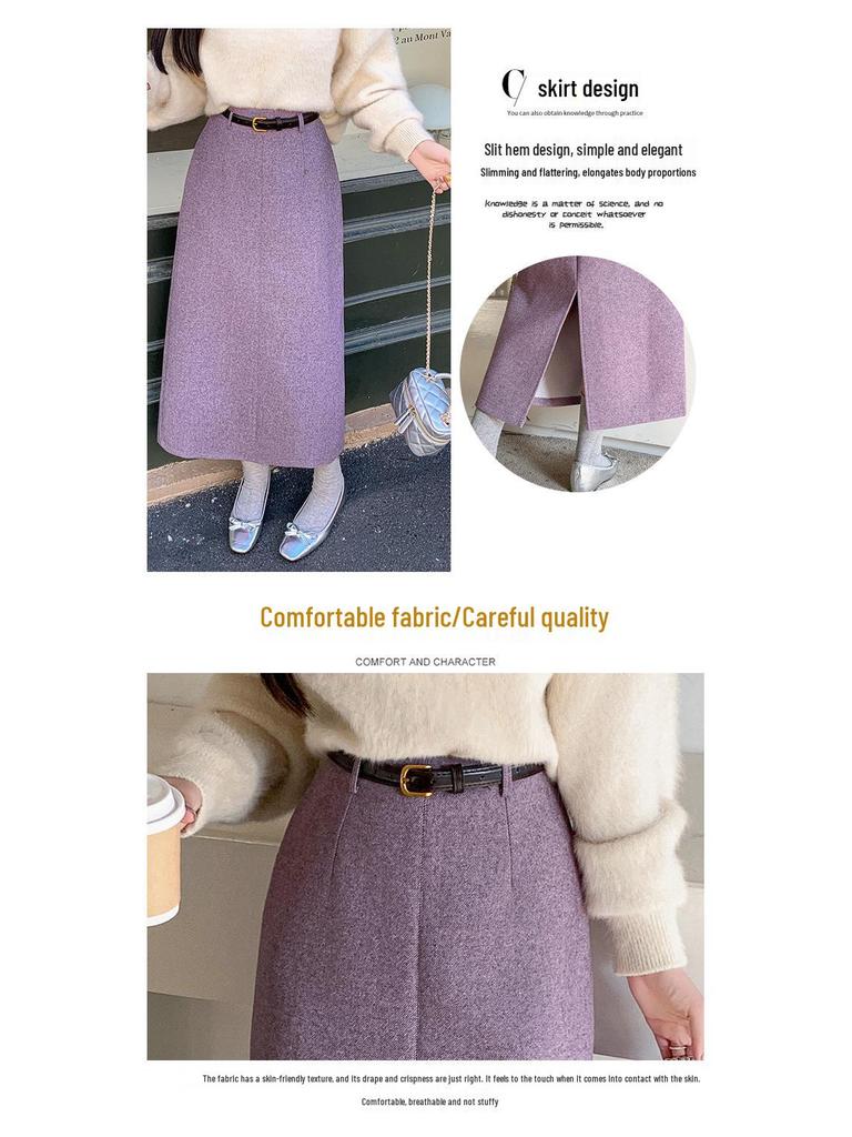 Women's Taro Purple Wool High Waist Slimming Mid-Length Skirt - Autumn/Winter 2025