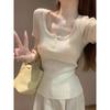 Korean-style Square-neck Knitted Short-sleeved Women's Summer Fitted Button-up Top