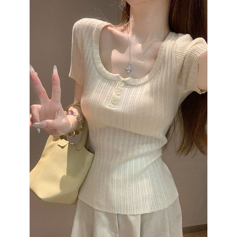 Korean-style Square-neck Knitted Short-sleeved Women's Summer Fitted Button-up Top
