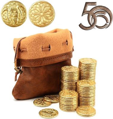 50 Gold Coins PU Leather DND Metal Fantasy Coin Treasures for Board Fake Coins As Game Tokens for Dungeons Tabletop TTRPG Game Medieval Retro