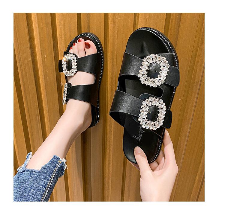 Mode Klassiska Vita Rhinestone Tofflor Skor Plattform Tjockbottnade Tofflor Kvinnor Kristallspänne Sandaler Pantuflas Flipflops