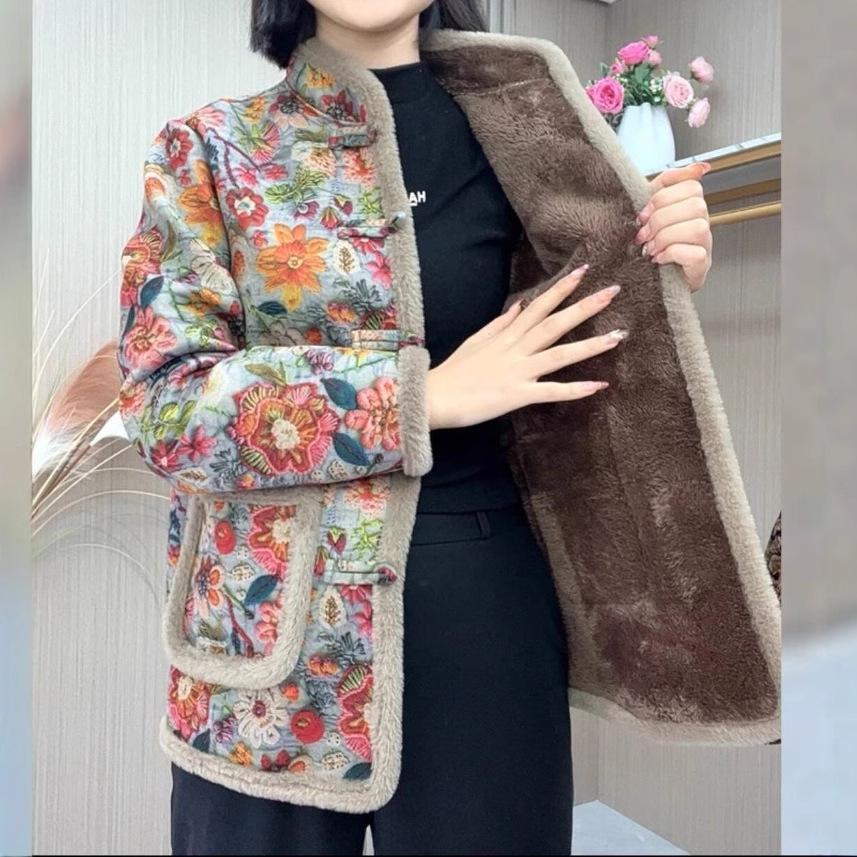 Autumn Winter Floral Print Cotton Coat Women Fleece Warm Jacket Parkas Long Sleeve Single Breasted Design Windproof Outerwear