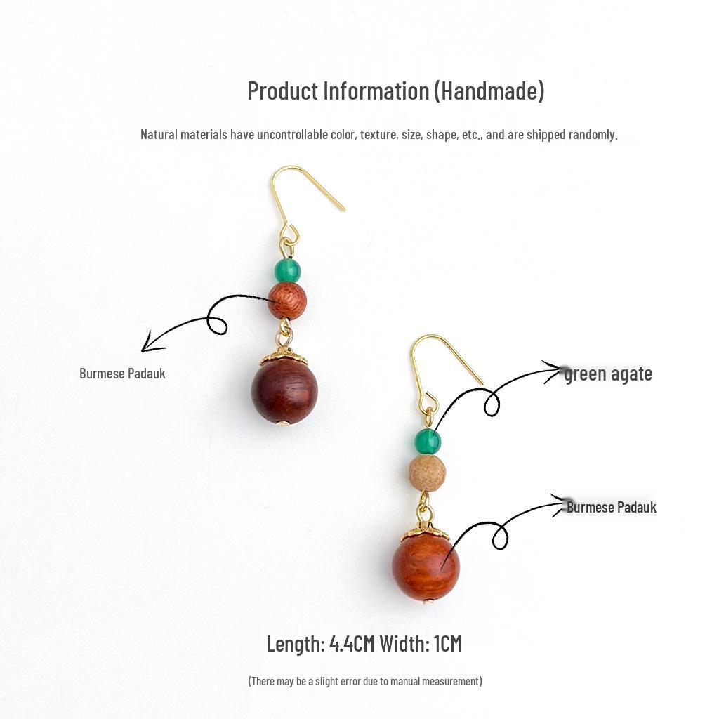 

Handmade Wooden Earrings with Natural Green Agate Beads - Ethnic Retro Style