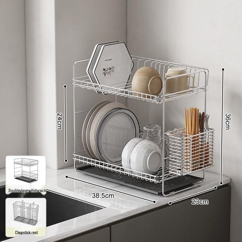 304 Stainless Steel Double-Layer Dish Drying Rack with Chopstick Holder
