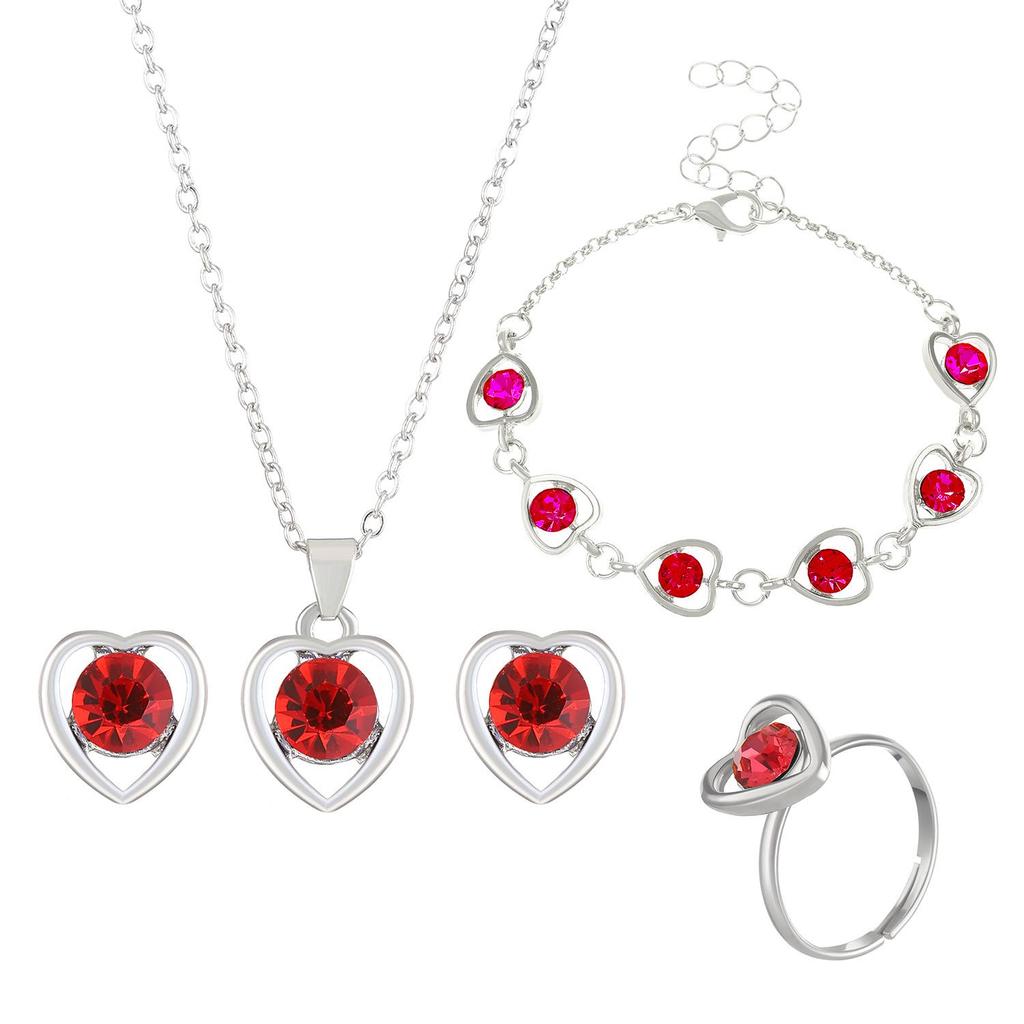 Women's Crystal Heart Jewelry Set: Necklace, Earrings, Ring, and Bracelet