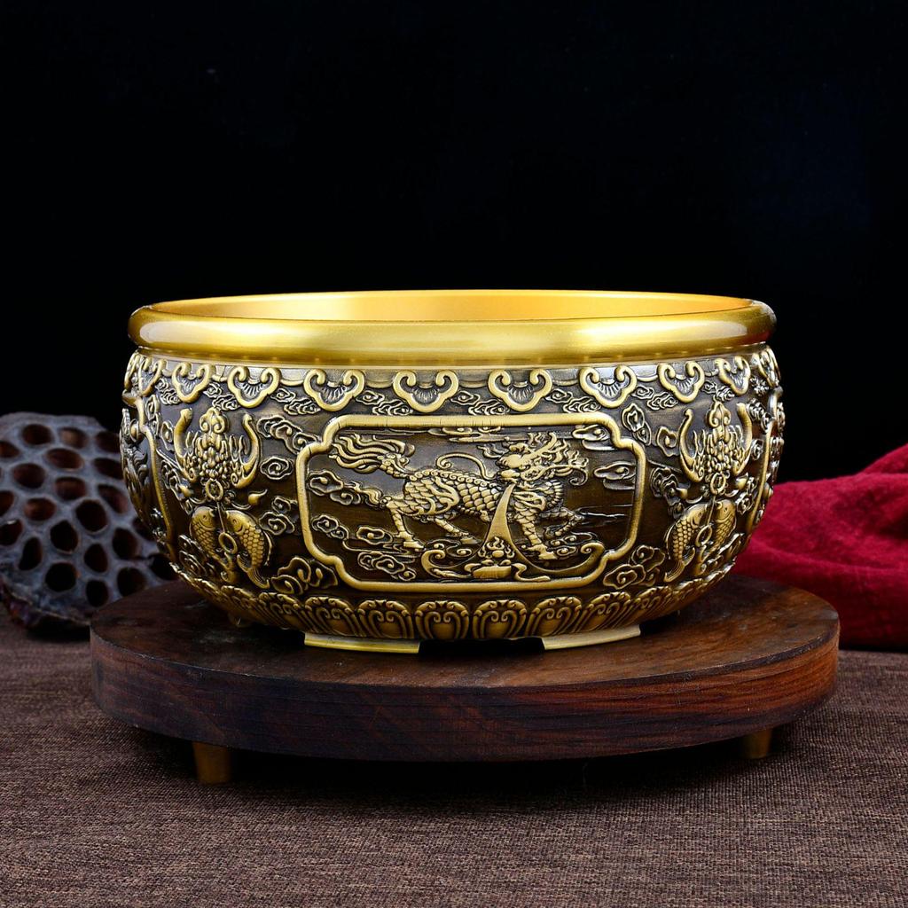 Copper Treasure Bowl Ornament: Yellow Brass Eight Treasures Incense Burner & Money Box - Home Decoration for Living Room.