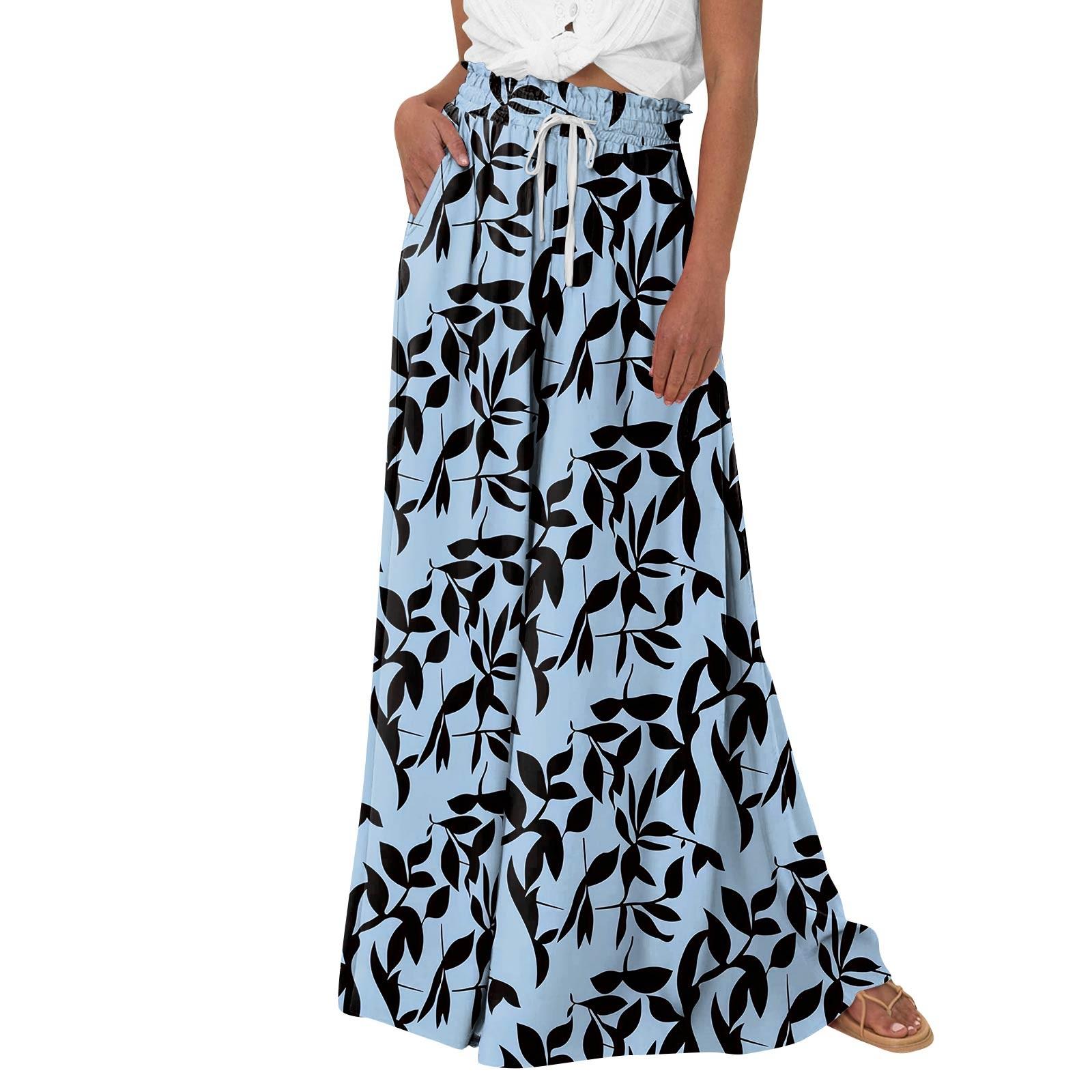 

Женские брюки-палаццо с цветочным принтом в стиле бохо, широкие брюки, летние пляжные струящиеся брюки с высокой талией и карманами XL небесно-голубой