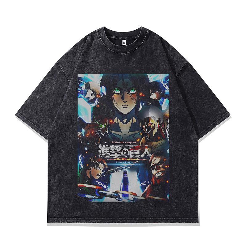 Summer New Japanese Street Retro Cartoon Direct Injection Printing Washed Loose Cotton Short-Sleeved T-Shirt For Men And Women