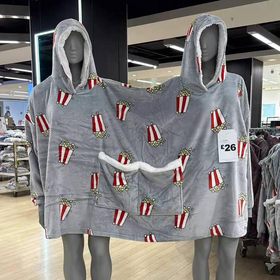 Popcorn One-Piece Pajamas: Cozy Velvet Couple's Hooded Sweatshirt for Autumn & Winter