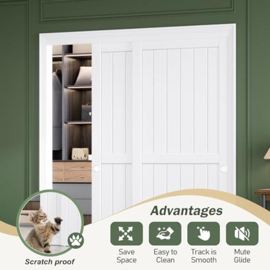 Sliding Closet Doors 64x80 Double 33inch,Bypass Barn Door with Hardware, for Bedroom, White, H Frame, Assemble Required