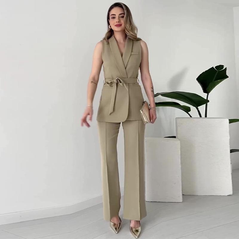 

Summer 2024 European-American Solid Color Sleeveless Waist-Cinching Vest & Commuting Suit Pants Set XXXL
