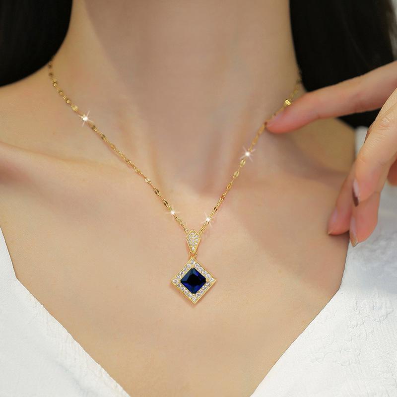 Blue Rhombus Necklace Earrings Set Light Luxury Slightly Inlaid Personalized Temperament Banquet Earrings Necklace Combination