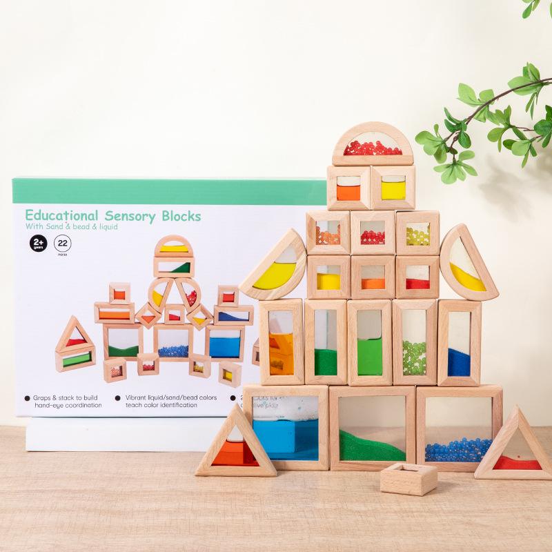 Wooden Rainbow Acrylic Blocks: Interlocking Early Childhood Building Toys