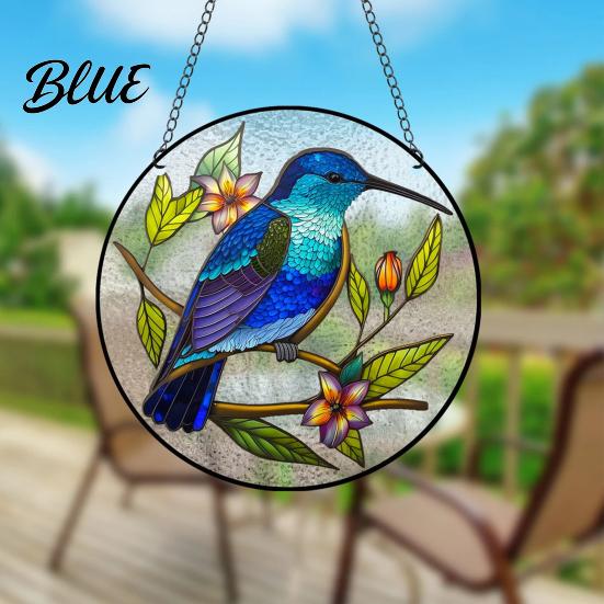 Exquisite Floral Bird Motif Colorful Hummingbird Wall Hanging Decoration, Stained Acrylic Suncatcher for Window Easy Install Pendant Decor, Decorative
