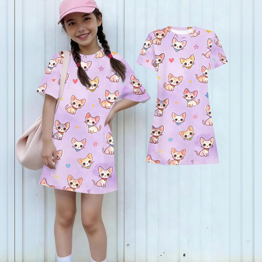 Girls Loose Fit Short Sleeve Dress Lightweight Summer Dress with Animal Print Round Neck Casual Kids Dress for Daily Wear