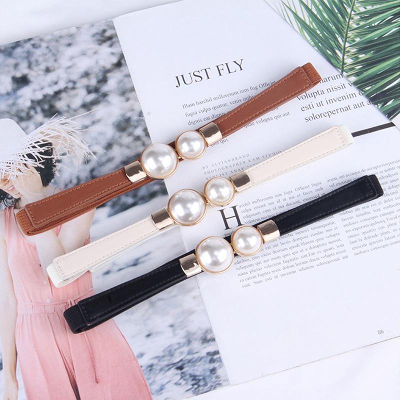 Creative Pearl Buckle Belt Pu Leather Dress Skirt Waist Elastic Thin Women Belts Ladies Waistband